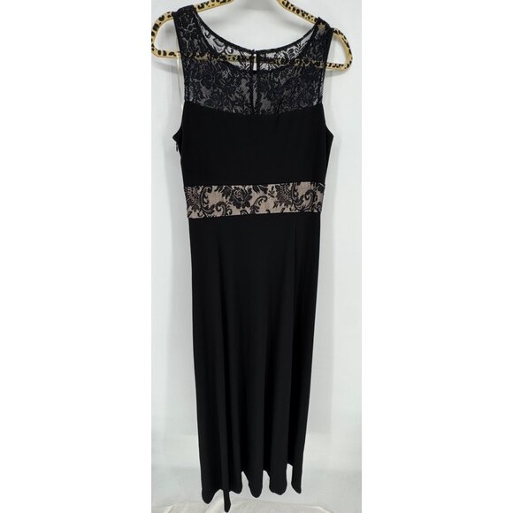 Black Sleeveless Lace Trim Maxi Dress With Nude Lining Accents - Picture 6 of 12